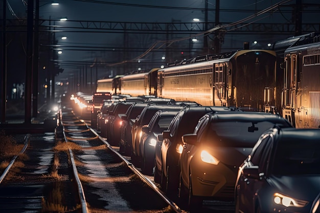 Detalhe de carros esperando o trem com os faróis brilhando nos trilhos