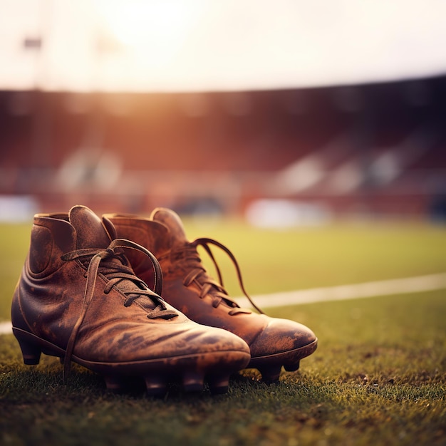 Detalhe de chuteiras no campo de futebol