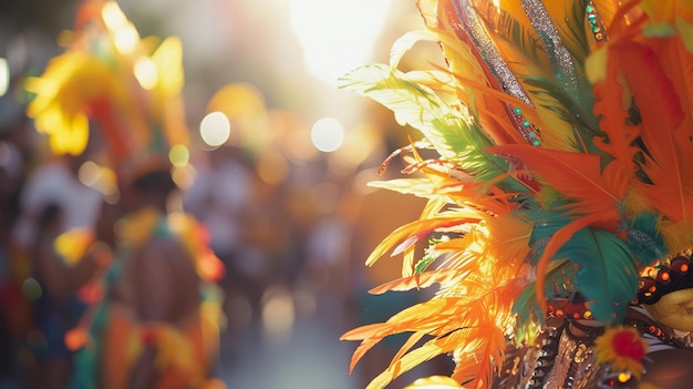 Detalhe de dançarina de carnaval de bandeira de chapéu de penas com espaço de cópia