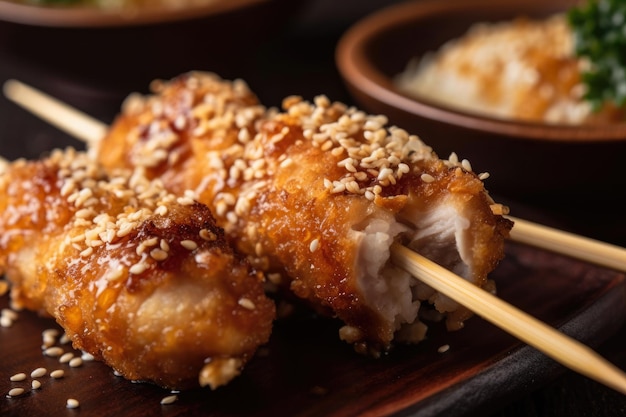 Detalhe de espetos de katsu de frango com esmalte teriyaki e sementes de gergelim