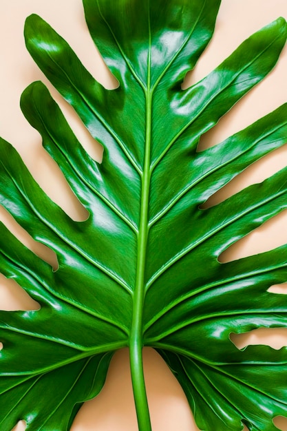 Detalhe de folha tropical verde sobre fundo bege