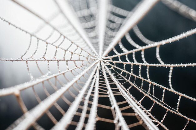 Foto detalhe de geada em uma teia de aranha