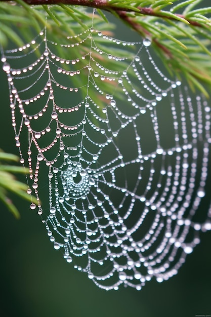 Detalhe de gotas de orvalho na teia de aranha criada com generative ai