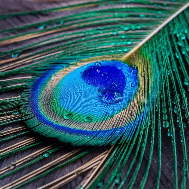 Foto detalhe de gotículas de água na pena do pavão