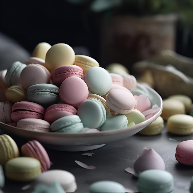 Detalhe de macarons coloridos em uma tigela sobre a mesa gerada por IA