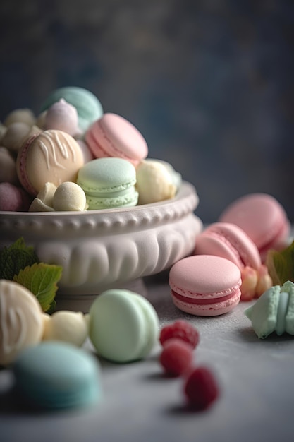 Detalhe de macarons coloridos na tigela sobre a mesa gerada por IA