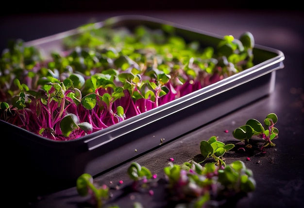 Detalhe de microgreens de rabanete crescendo na bandeja AI Generated