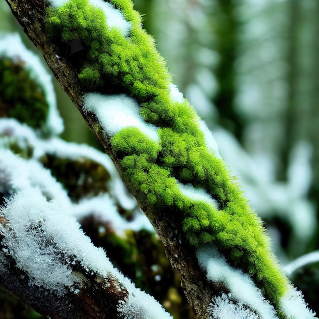 Detalhe de neve e musgo na natureza da floresta de inverno