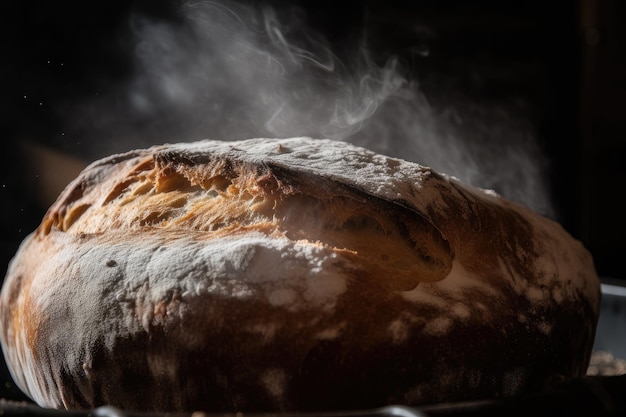Detalhe de pão crocante com vapor subindo do interior quente criado com ai generativo