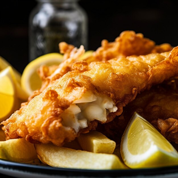 Detalhe de peixe britânico e batatas fritas com molho tártaro