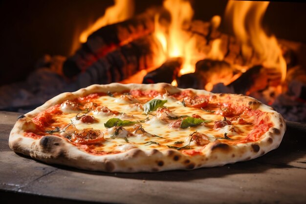 Detalhe de pizza recém-assada em IA generativa de forno a lenha tradicional