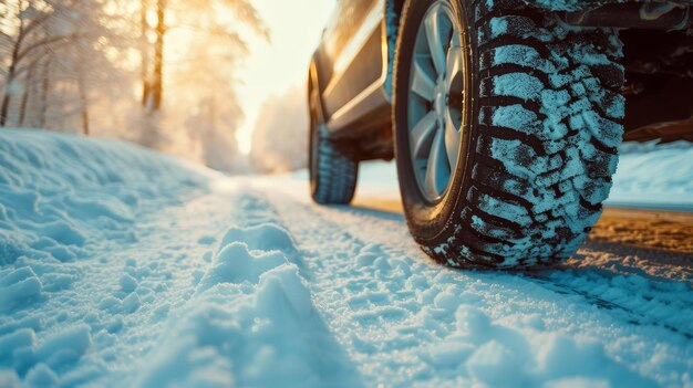 Foto detalhe de pneus de inverno suv na rodovia coberta de neve destaca a confiabilidade para viagens em família para