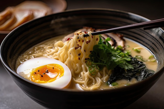 Detalhe de ramen tonkotsu rico e cremoso com redemoinhos de caldo delicioso criado com ai generativo