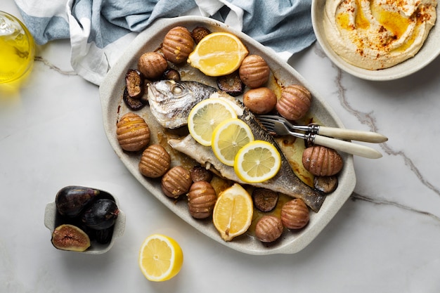 Foto detalhe de refeição rica em proteínas de peixe