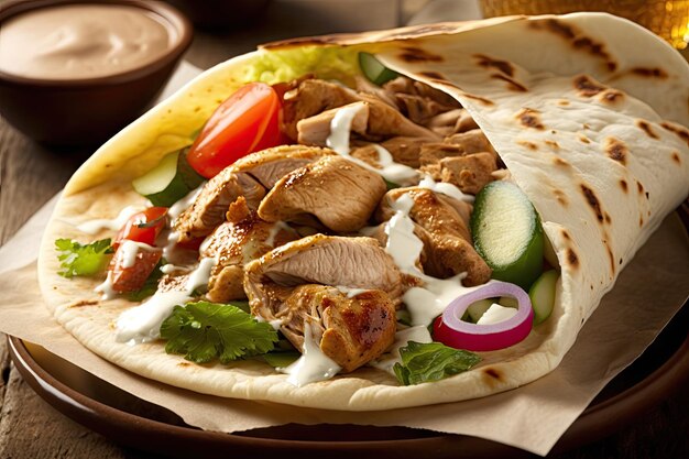 Detalhe de shawarma de frango com carne suculenta e pita quente criado com ai generativo