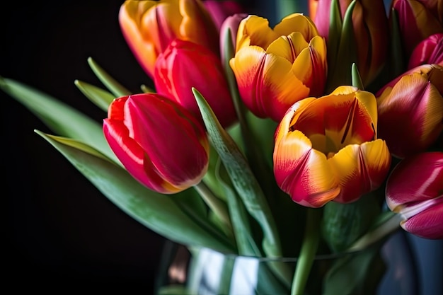 Detalhe de tulipas vibrantes em um vaso