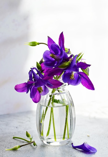 Detalhe de um buquê de flores em um vaso de vidro