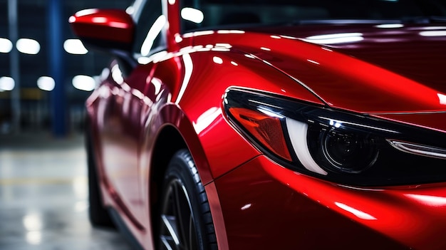 Detalhe de um carro esportivo vermelho em um estacionamento à noite