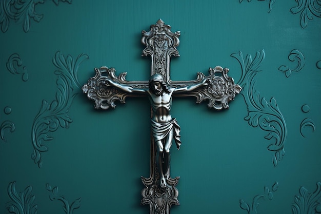 Detalhe de um crucifixo de fundo colorido símbolo cristão com tema religioso católico