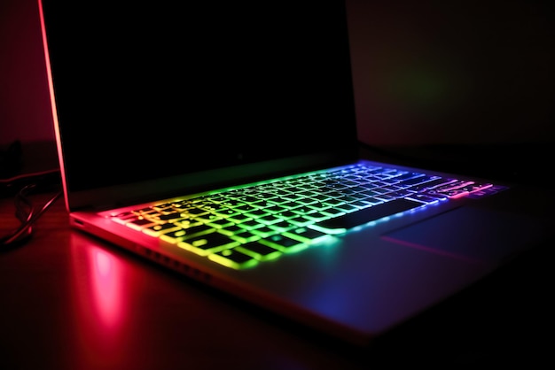 Detalhe de um laptop com luzes coloridas em um fundo escuro IA generativa