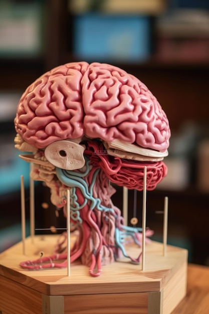 Detalhe de um modelo de cérebro humano com partes rotuladas criadas com IA generativa