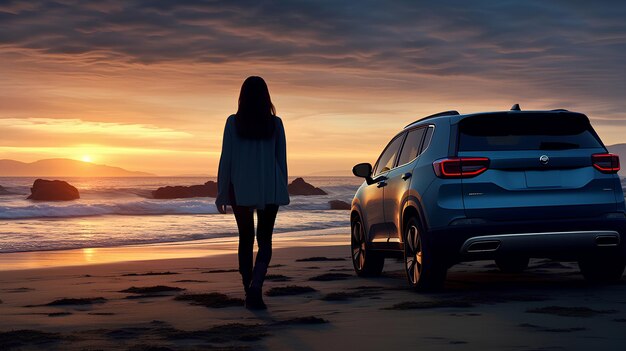 Detalhe de um novo SUV azul visto por trás ao pôr do sol