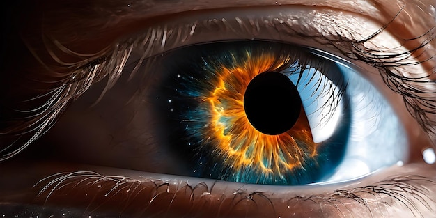 Detalhe de um olho refletindo um céu estrelado e uma nebulosa laranja