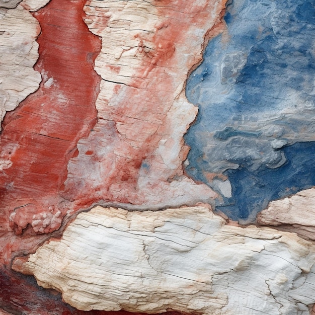 Detalhe de um pedaço de madeira com as cores da bandeira pintadas.