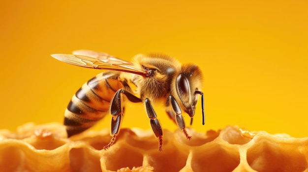 Detalhe de uma abelha em um favo de mel