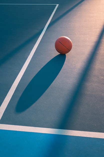 Detalhe de uma bola em uma quadra de basquete ao pôr do sol Conjunto de luzes, sombras e linhas