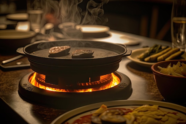 Detalhe de uma chapa quente escaldante com pratos e talheres ao fundo