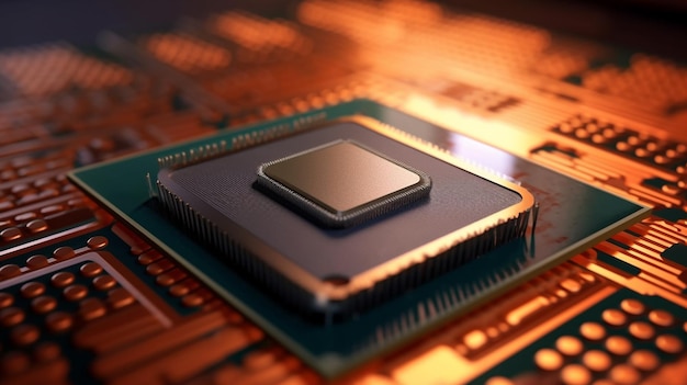 Detalhe de uma CPU em uma renderização 3D de microcircuito