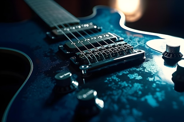 Detalhe de uma guitarra elétrica em um fundo escuro