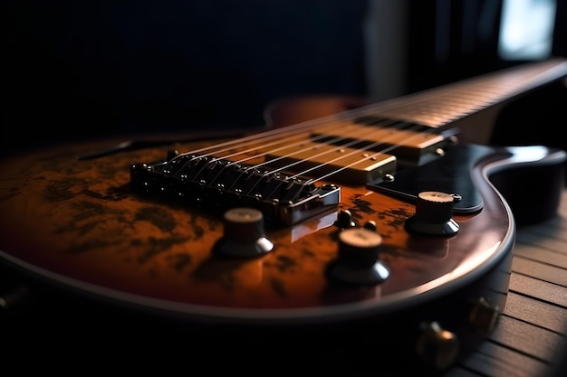 Detalhe de uma guitarra elétrica em um fundo escuro