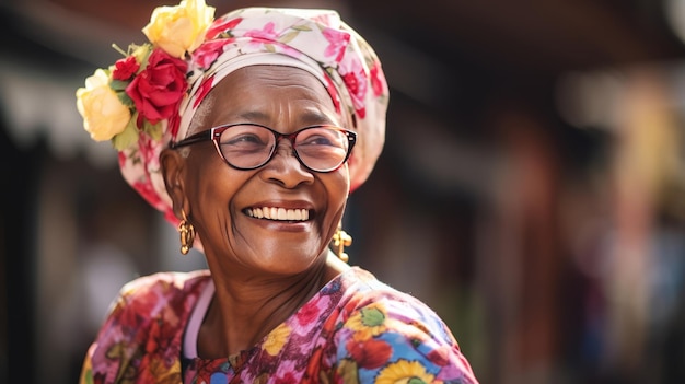 Detalhe de uma idosa sorridente vestida com um vestido florido gerado por IA