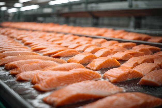 Detalhe de uma linha de processamento de uma fábrica de salmão de peixe Indústria de peixes e alimentos resumo Filé de salmões