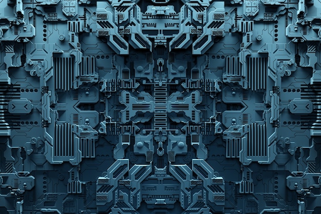 Foto detalhe de uma máquina futurista. ilustração 3d de uma parede futurista feita de vários detalhes