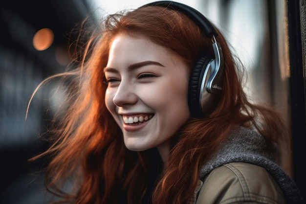 Detalhe de uma mulher sorrindo enquanto usava fones de ouvido criados com IA generativa