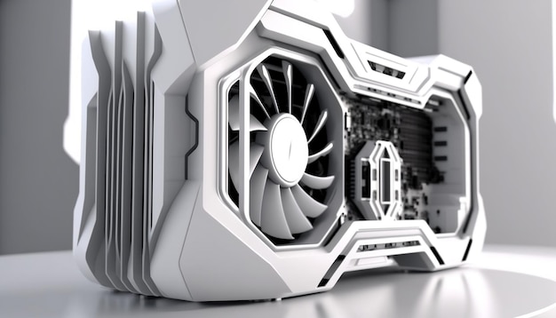 Detalhe de uma placa gráfica branca gerada por GPU AI