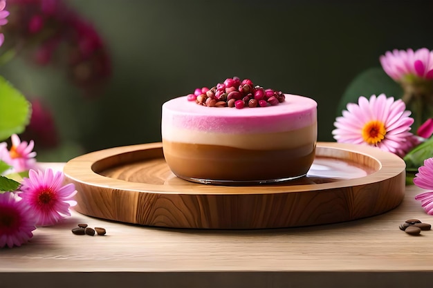 Detalhe de uma xícara de pires de bolo de chocolate e caramelo sobre a mesa com peônias rosa