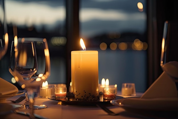 Foto detalhe de vela bruxuleante com vista para um jantar romântico para dois visível ao fundo