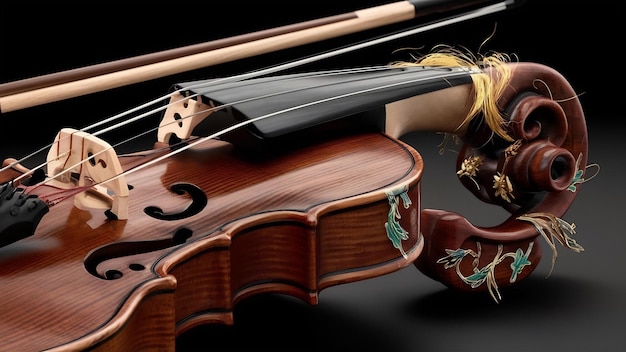 Detalhe de violino artesanal em superfície preta