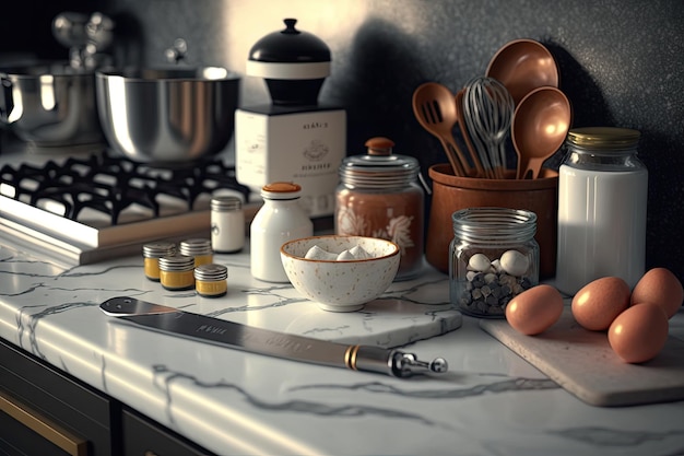 Detalhe do balcão da cozinha com ingredientes e utensílios de cozinha visíveis