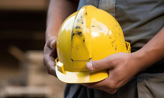 Detalhe do capacete amarelo segurado pela mão do trabalhador da construção civil Criando usando ferramentas generativas de IA