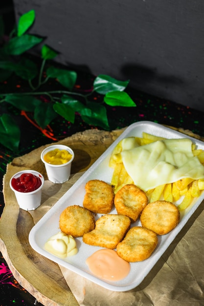 Foto detalhe do close-up de um prato com nuggets de frango com batatas e queijo mussarela