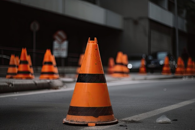 Detalhe do cone de trânsito com sinais de alerta visíveis