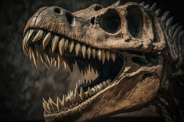 Detalhe do crânio de dinossauro com seus dentes e mandíbulas assustadores à vista