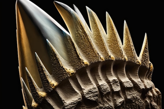 Detalhe do dente de dinossauro com suas bordas serrilhadas e pontas irregulares visíveis