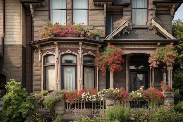 Detalhe do exterior da casa vitoriana com caixas de janela e flores desabrochando