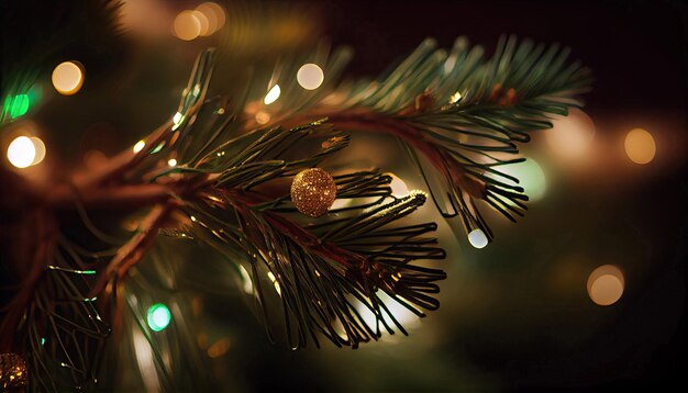 Detalhe do galho da árvore de Natal com luzes com tecnologia de IA generativa